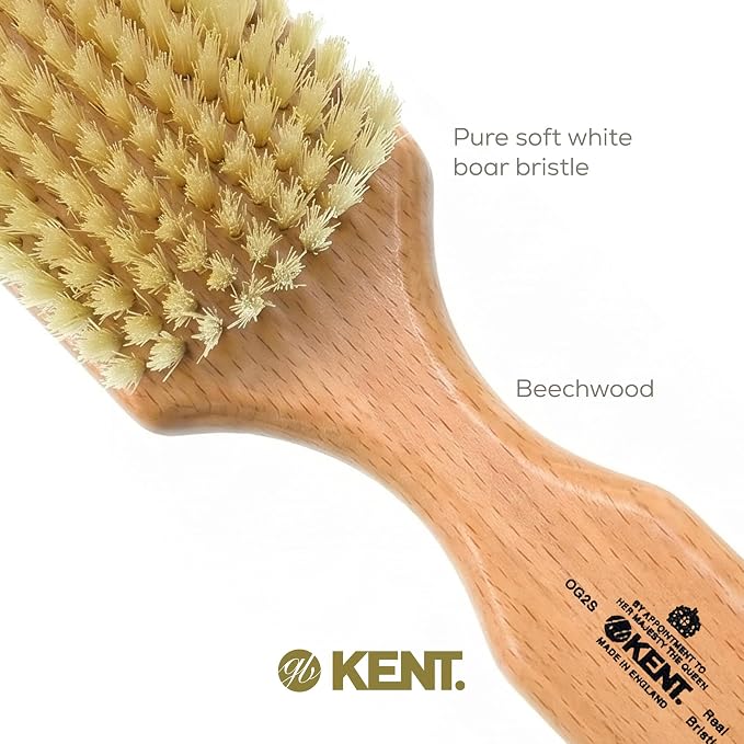 Kent OG2S Beechwood Soft Bristle Hair and Facial Brush for Beard Care - Exfoliating Soft White Natural Boar Bristle Brushs for Mens Grooming, Hair Care, and Beard Straightener Handmade in England