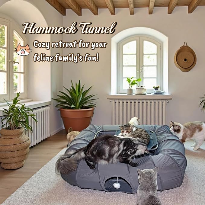 XxingSheep 2-Tier Cat Tunnel & Hammock Bed XXL, 4 Cave Shuttle with Elevated for Multiple Cats Toy Dark Grey