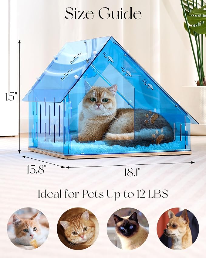 Acrylic Cat House for Indoor Cats, Transparent Cat Bed Cave with Plush Cushion & Hanging Toys, Modern Ventilated Cat Condo with Sturdy Wooden Base for Adult Cats & Kittens up to 12 lbs, Blue