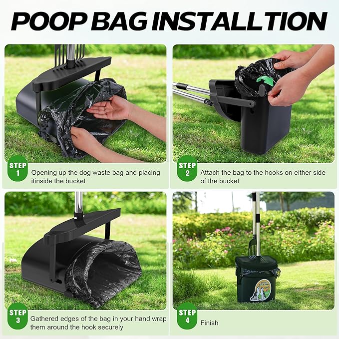 UPSKY Dog Pooper Scooper Swivel Bin & Rake Kit with 100 Waste Bags, 33.4" Stainless Steel Long Handle Heavy Duty Pet Poop Shovel for Large Medium Small Dogs, Odor-Proof Lid for Yard/Lawn/Outdoor Use