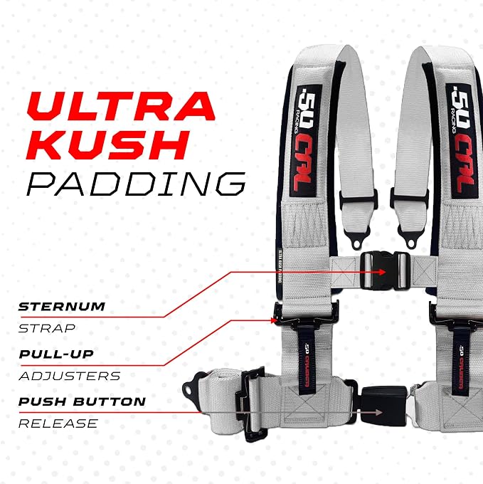 1pc 50 Cal Silver 4 Point Harness 2in Straps, Racing Harness Seat Belt | Ultra Kush padding, Push Button quick release hardware. Universal Fit for UTV, RZR, race car.