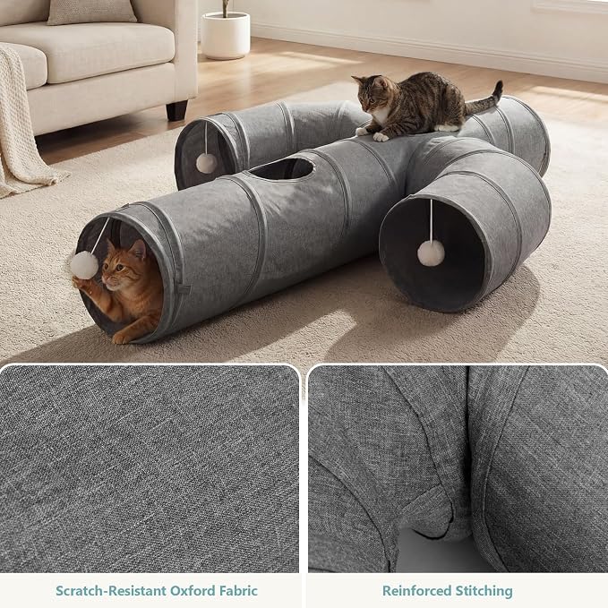 Ownpets Cactus Cat Tunnel 10" with Peek Holes for Indoor Large Cat, Grey | Durable Oxford fabric, noise-free, foldable & connectable, multi-cat friendly, tube for cats up to 20lb, includes ball & wand