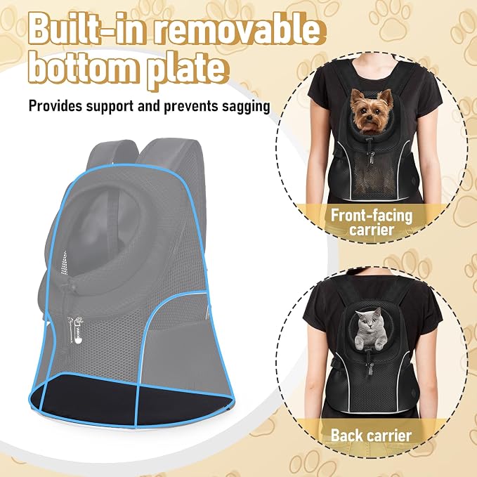 WOYYHO Pet Dog Carrier Backpack, Ventilated Mesh Small Dog Front Backpack | Breathable Puppy Back Pack, with Safety Belt, Storage Pockets, for Travel Hiking Cycling Outdoor Adventures, Black, L