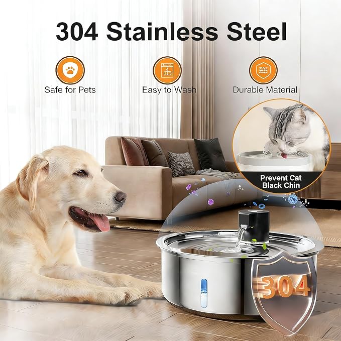 Dog Water Fountain, 8L/2.1 Gal Stainless Steel for Large Dogs & Multi-Pet | Large Dog Water Bowl Dispenser, Quiet Pump, Replacement Filters, Easy Cleaning, Water Level Window, Long Lifespan, Indoor Use