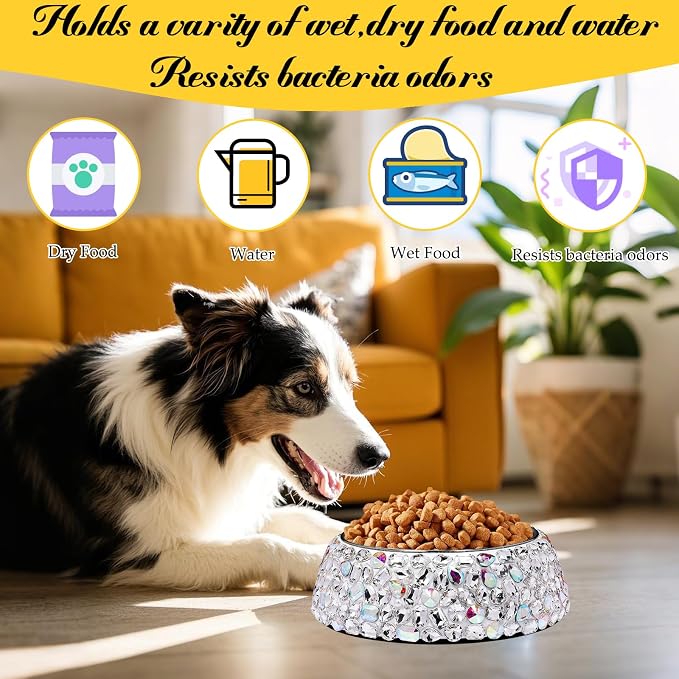 SlowVibes Diamond Stainless Steel Dog Cat Bowl, Detachable, 12 oz | Big rhinestone metal food or water bowl for small dogs and cats, rust-resistant non-slip puppy dish, sparkle pet essential