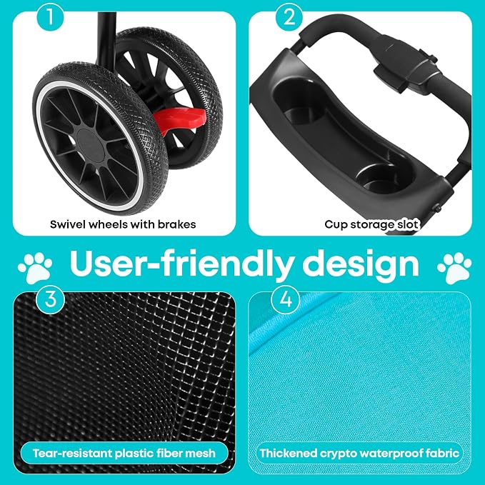 Pet Stroller,Dog Stroller for Small Medium Dogs Cats,3 Wheels,Mint Green | Foldable,with Breathable Mesh Canopy,Cup Holders,Easy Assembly