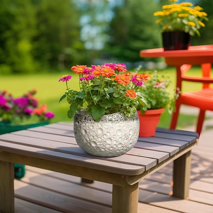Ceramic Flower Pots - 8 Inch Plant Pots for Indoor Outdoor, Unique Round Planter with Drainage Hole and Plug, Decorative Ceramic Planter, Room Decor, House Warming Gifts, Beige-Grey
