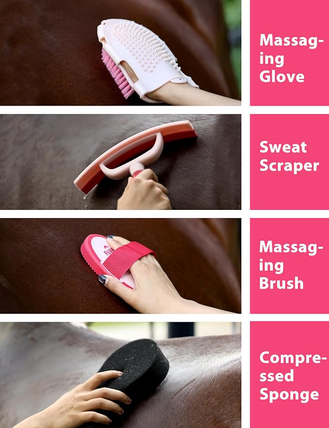 11-Piece Horse Grooming Kit with Waterproof Tote Pink Garnet | 10 coordinated horse grooming tools with comfort-grip designs and a spacious waterproof tote for complete horse grooming
