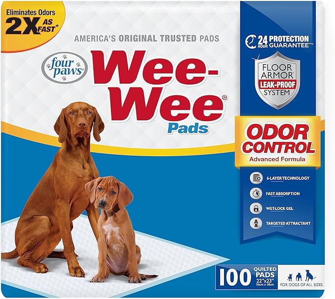 Four Paws Wee-Wee Advanced Formula Odor Control Dog Pee Pads, 100 Count | Neutralizes ammonia odors, pee pads for dogs & puppies, dog housebreaking, new puppy supplies, 22" x 23"