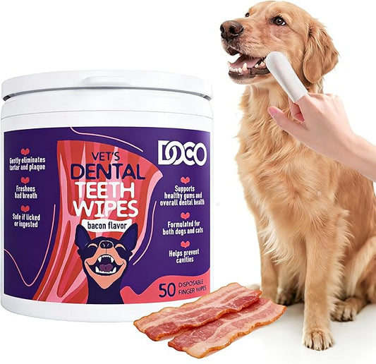 DOCO Pet Dog Teeth Cleaning Wipes – Deodorizing Finger Wipes for Dogs & Cats | Helps Reduce Plaque & Tartar Buildup, Supports Fresh Breath, No Rinse (Bacon, 50 Count)