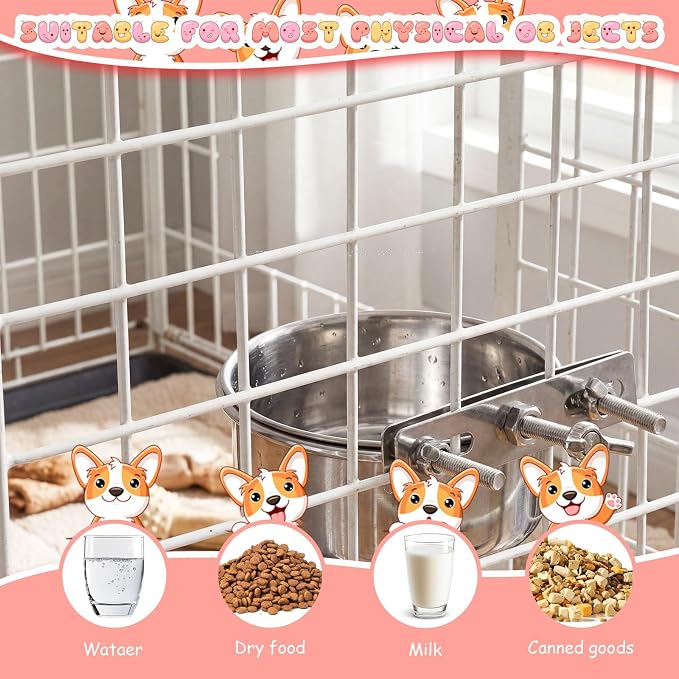 Silkfly 14 Pack Stainless Steel Hanging Dog Crate Bowls, Non-Spill Kennel Food & Water Bowls with Screw Clamp Holders, Removable, Easy to Clean Metal Cage Feeder for Pets(12 oz)
