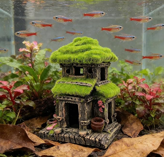 M2cbridge Aquarium Decorations Fish Hideout House Betta Cave with Green Lifelike Moss (Style 3)