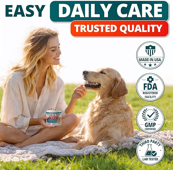 Flea and Tick Prevention for Dogs Chewables - Natural Dog Flea and Tick Treatment - Oral Control Pills - Vet Recommended Supplement - Skin & Coat Support Soft Chews - All Breeds & Sizes - Made in USA