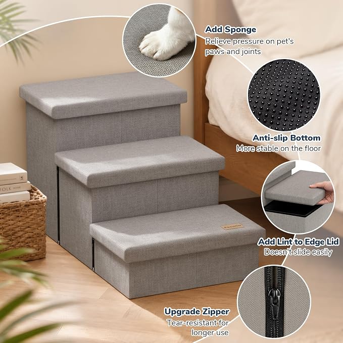 3-Step Dog Stairs for Large Dogs with Storage 18" H, Light Grey | Wide Dog Steps for High Bed Couch Window Car, Jiont-Friendly Pet Stairs Ramp for Small/Medium/Large Old Dogs Cats