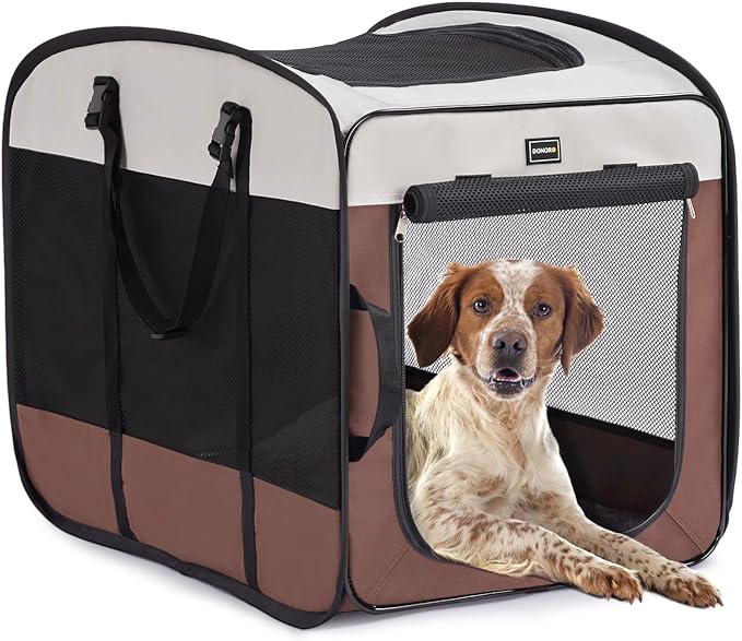 Dog Kennels and Crates for Medium Dogs, Portable Pop Up Indoor Pet Cage with Sturdy Wire Frame, Collapsible Travel Crate Soft Sided Cat Bag Escape Proof (Brown, 32.0" L x 21.0" W x 26.0" H)