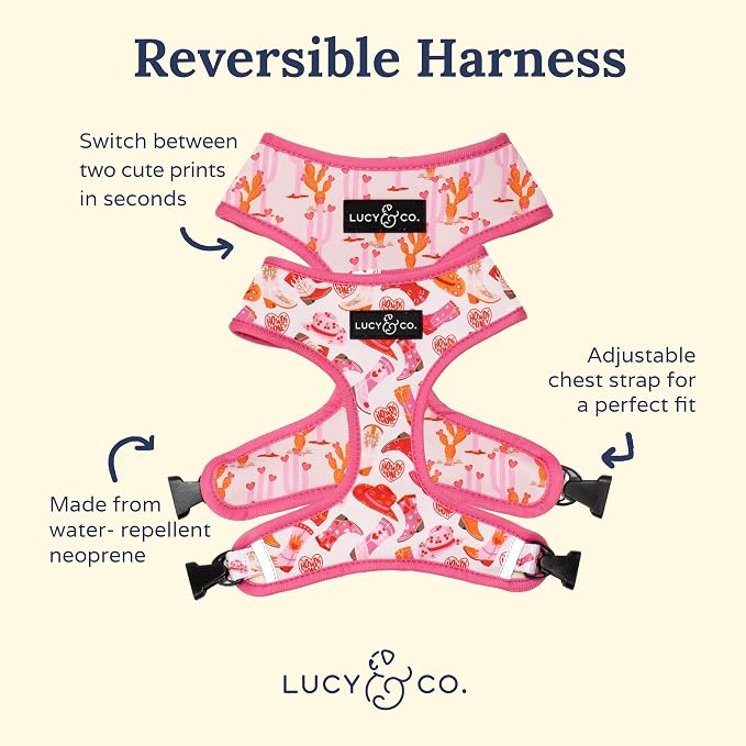 Lucy & Co. Reversible Dog Harness - Water-Repellent Neoprene, Dual-Print Design, Easy Swap Style, Adjustable Comfort Fit - Howdy Honey Reversible Harness - X-Large