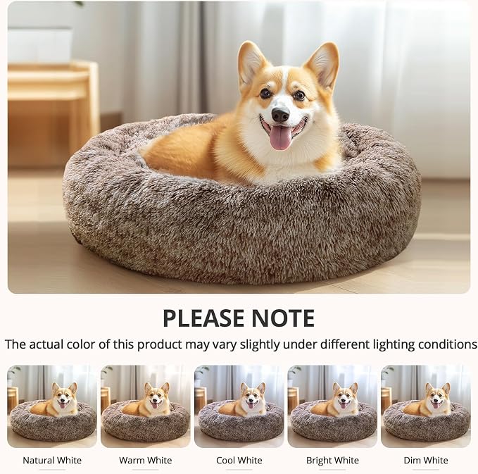 JOLLYVOGUE Calming Dog Bed Medium Size Dog, 31in Donut Washable Medium Pet Bed, Anti-Slip & Anti-Anxiety Fluffy Faux Fur Round Dogs Bed, Fits up to 45 lbs Pets (Smoke Brown)