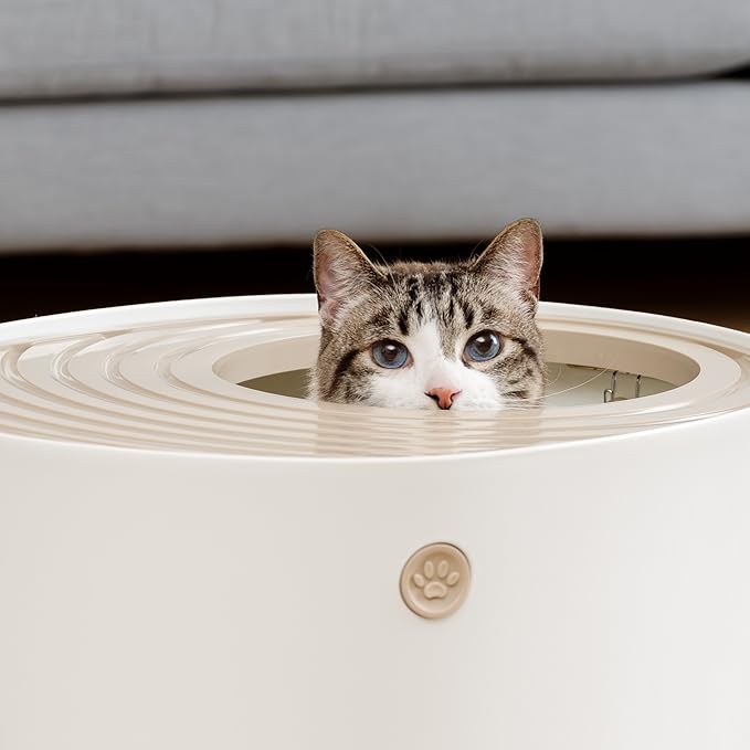 IRIS USA Cat Litter Box Large Top Entry with Lid Enclosed Covered Hooded Design Litter Catching Scatter Shield Pan Dog Proof Pet Proof Scoop Included Odor Control for Indoor Cats Kittens Beige/White