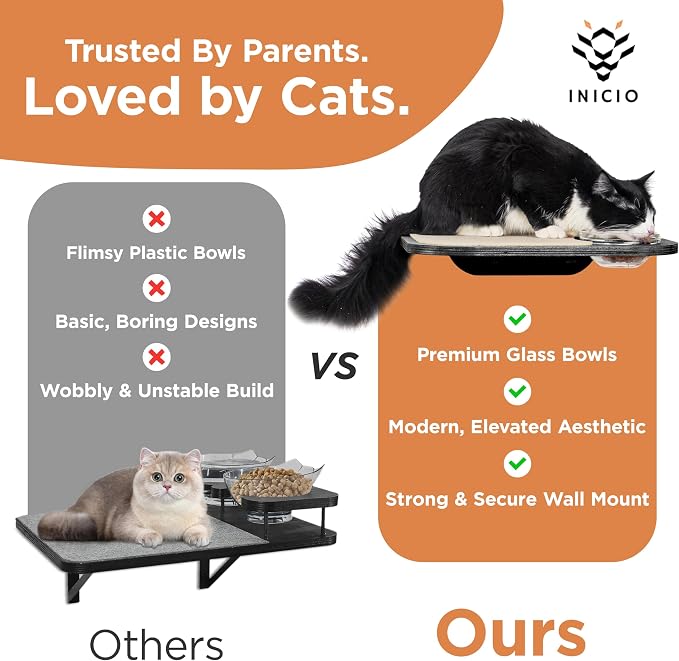 INICIO Cat Shelves - Feeding Shelf with 3 Cat Wall Steps - Natural Wood | Cat Wall Shelves with Wall Mounted Cat Food Bowls - Dog Proof Feeding Station and Convenient Feeder for Cats up to 15lbs