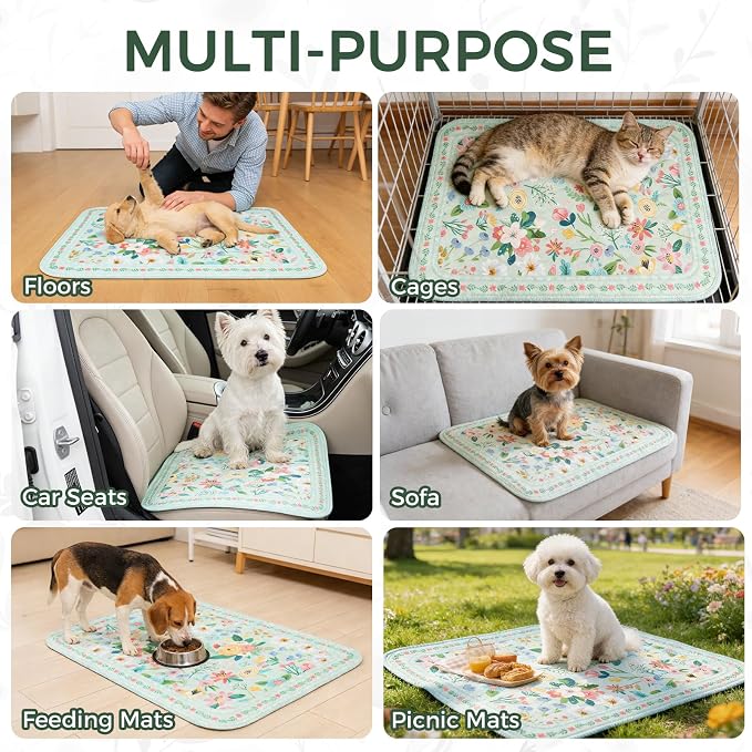Homimp Washable Pee Pads for Dogs,2 Pack Spring Floral Reusable Puppy Pads Waterproof,Absorbent and Leakproof Dog Pee Pads,Non Slip Puppy Training Pads,Pet Mat for Floor,Crate,Teal 24"x36"