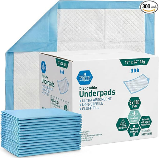 MED PRIDE Disposable Underpads 17x24 in,Super Absorbent,Incontinence,300 Ct