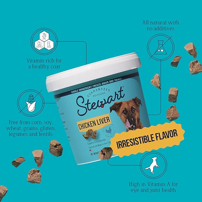 Stewart 100% Chicken Liver Dog Treats, 11.5 oz Tub, ~215 Pieces, Freeze Dried Raw, Single Ingredient, 60% Protein Training Treats or Meal Topper, Grain Free, Gluten Free
