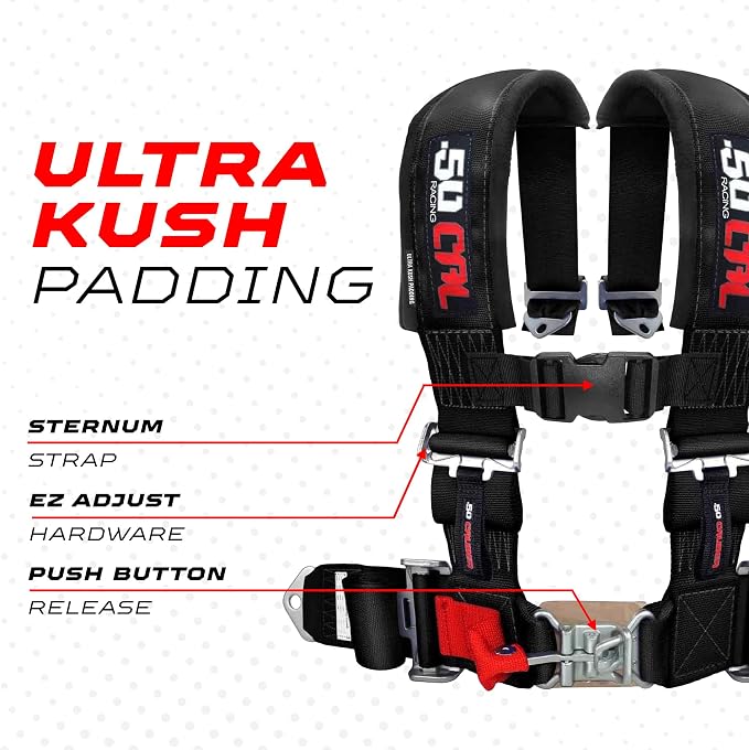 1pc 50 Cal Black 4 Point Harness 3 inch straps, Racing Harness Seat Belt | Ultra Kush padding, Push Button quick release hardware. Universal Fit for UTV, RZR, race car