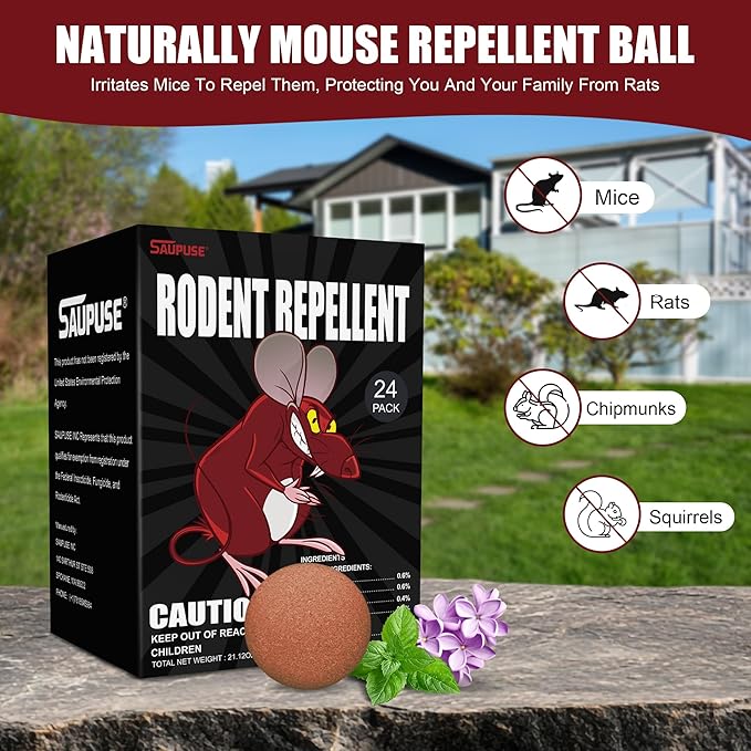 Rodent and Insect Repellent Ball. Suitable for use in Homes, Gardens, and Warehouses. Uses Natural Ingredients to Safely and Effectively Repel mice & Squirrels. Safe for Families and Pets 24 Pack