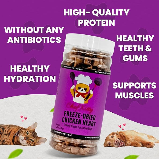 Chicken Hearts for Dogs | Cat Treats Freeze Dried, 100% Human Grade, Single Ingredient | High Protein Cat & Dog Food Toppers | No additives or Preservatives | Inspected & Tested in USA | 1.4 oz.