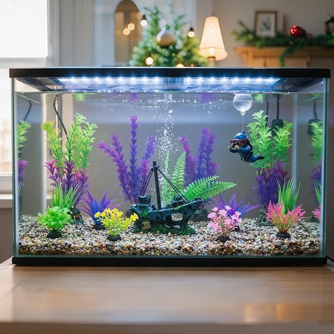 Ameliade Fish Tank Decor Set with Shipwreck Decoration, Little Diver Floating & 13 Aquatic Artificial Plants - Betta Plants & Hiding Spots for Aquariums and Small Fish Tank Accessories