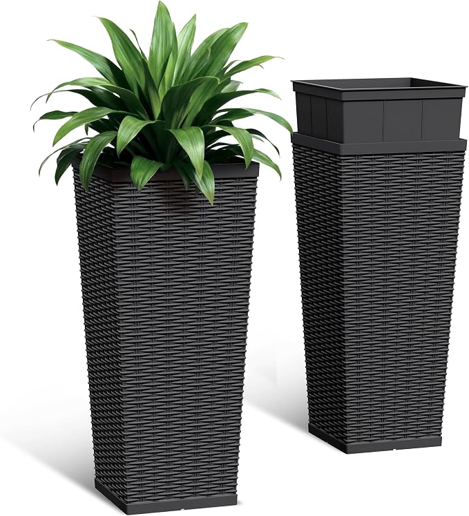 30 Inch Tall Plastic Planters(Set of 2), Detachable Inner Pot & Drainage Holes, Outdoor Decorative Flower Pots for Large Plants, Trees, Patio, and Garden, Black