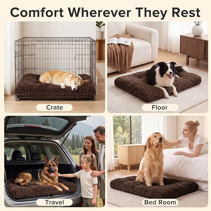 JOEJOY Large Dog Bed Crate Pad, Deluxe Plush Washable Dog Beds Fulffy Soft Kennel Pad Anti-Slip Pet Sleeping Mat for Extra Large Medium Small Dogs, 40" x 27", Brown