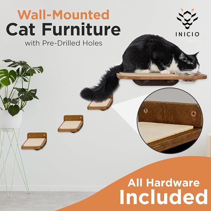 INICIO Cat Shelves - Feeding Shelf with 3 Cat Wall Steps - Natural Wood | Cat Wall Shelves with Wall Mounted Cat Food Bowls - Dog Proof Feeding Station and Convenient Feeder for Cats up to 15lbs