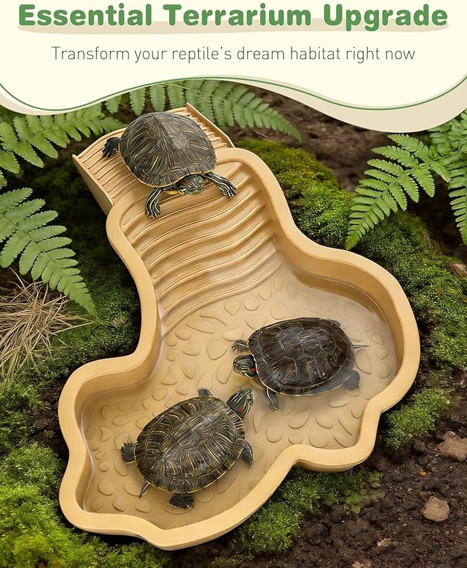 Pawfly Reptile Bathing Pool with Removable Ramp, Reptile Food Dish Feeding Dish, Tortoise Water Dish Water Bowl with Steps, Turtle Bathing Pool Bath Tub Soaking Dish for Gecko Snake Lizard Frog