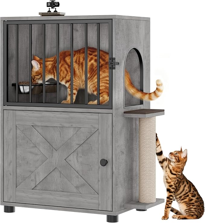 Dog Proof Cat Feeding Station, Dog Proof Cat Feeder, Cat Food Table, Gray | Cat Feeding Station with Scratching Post, Elevated Cat Food Bowls with Stand, Pet Food Storage Cabinet, Cat House