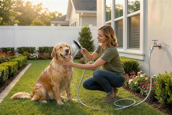 G-Promise 3 Mode Dog Shower Attachment with Pause Mode | High Pressure, Built-In Brush for Wash & Groom, Extra Long Hose, Easy Install, for Indoor & Outdoor Use