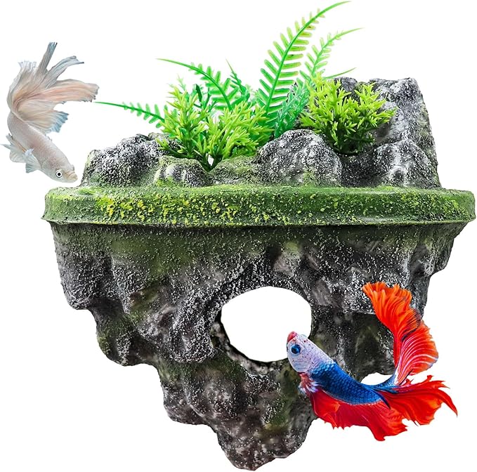 Floating Island Fish Tank Decorations – Aquarium Decor with Hideout Tunnel, Betta Fish and Shrimp Cave, PVC Aquarium Accessory with Artificial Plants