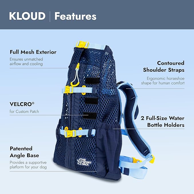 K9 Sport Sack Kloud - Small, Blue - Ideal for Dogs with 13-16” Back Length - Ultra-Light Mesh Backpack Carrier with Inflatable Frame