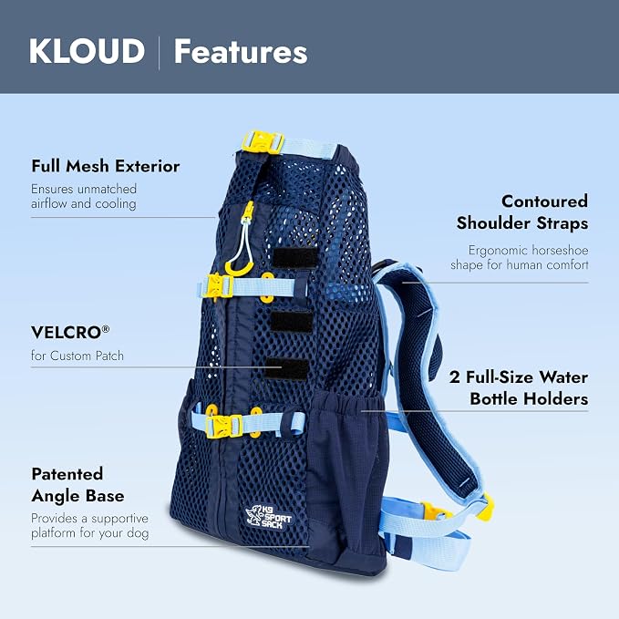 K9 Sport Sack Kloud - Medium, Blue - Ideal for Dogs with 17-19” Back Length - Ultra-Light Mesh Backpack Carrier with Inflatable Frame