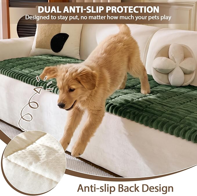FUANGUI Waterproof Couch Cover Sofa Cover for Dogs and Pets Sofa Protector | Non-Slip Washable Fuzzy Soft Cat Bed Sofa Slipcover for 2-3 Cushion Couch Sofa Pet Friendly, Dark Green, 27.6" x 82.7", 1 pcs