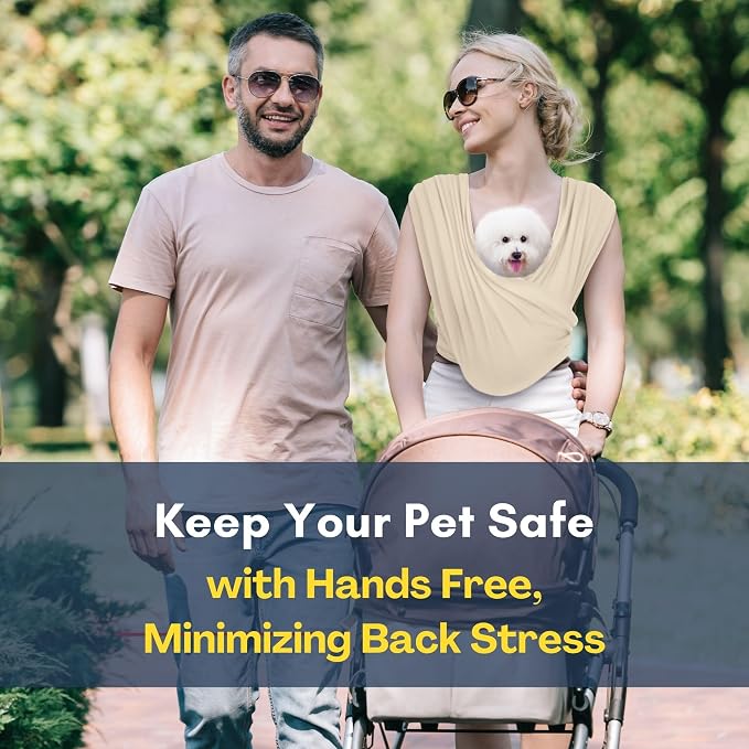 Small Dog Sling Carrier, Hands-Free, Beige, Plus | Patented Front Carrier Reduces Back and Neck Strain; Adjustable, Soft Cotton, 3D Air Mesh for Puppies & Cats up to 20 lb