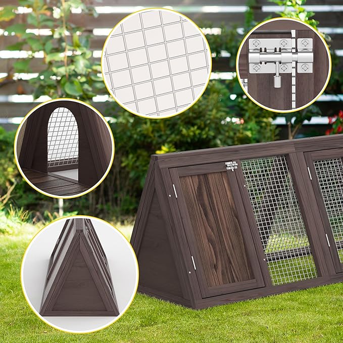 Outdoor Chicken Coop Wooden A-Frame Small Animal Coop Rabbit House Quail Cages with Outdoor Runs & Ventilated Wire Fence Suitable for Garden Backyard Farms 47 x 18 x 19.5 in (Brown)
