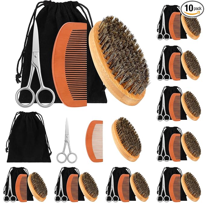 Maitys 10 Set Appreciation Gifts Bulk Beard Brush Comb Scissors,Oval | Boar Bristle Beard Brush, for Men Father Colleague Employee