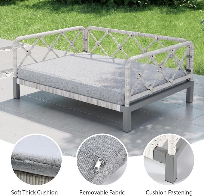 Elevated Indoor & Outdoor Dog Bed for Small Dogs, Durable Rattan Wicker Pet Sofa with Removable Washable Waterproof Cushion, Stylish Dog Couch, White Rattan/Grey Mat