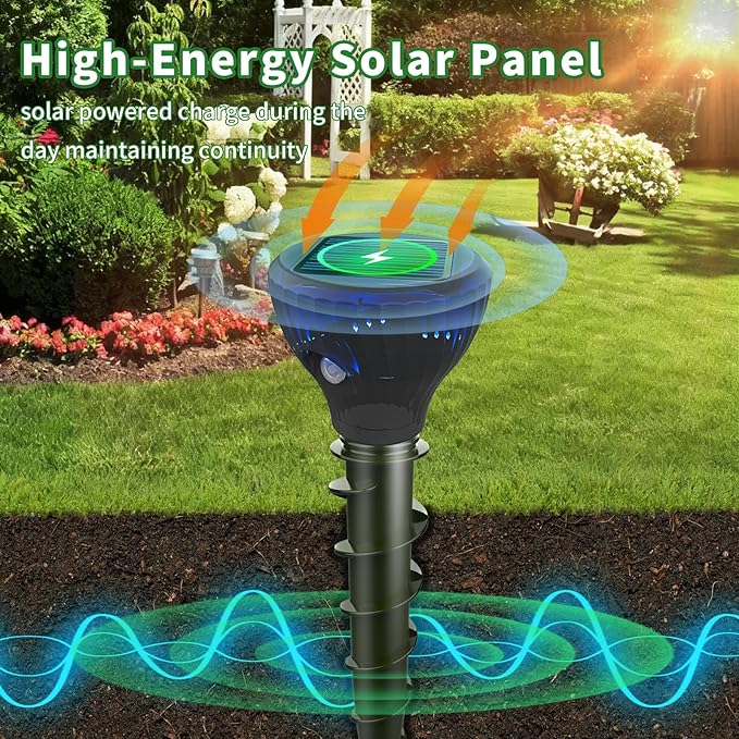 2026 Upgraded Solar Mole & Gopher Repellent 4 Pack, IP65 Waterproof Ultrasonic Vibration Stakes, Snake Skunk Vole Groundhog Deterrent to Protect Yard, Lawn & Garden