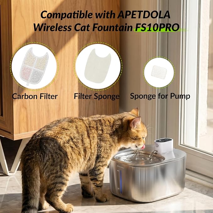 Cat Water Fountain Filter,12 Pack FS10PRO Cat Fountain Filter Replacement, 12 PCS Filters & 12 PCS Sponge Set for Stainless Steel Cat Dispenser,6 Layer Filters for Pet Fountain