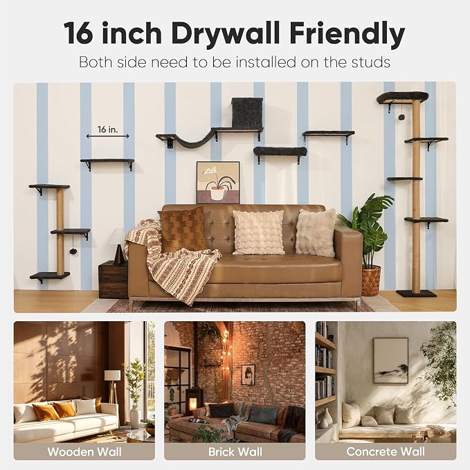 FUKUMARU Cat Wall Shelves, 4 in 1 Set, Grey | Stable & Safe Cat Walls Furniture, Wooden Kitten Climbing Wall with Scratching Post for 16 Inch Drywall