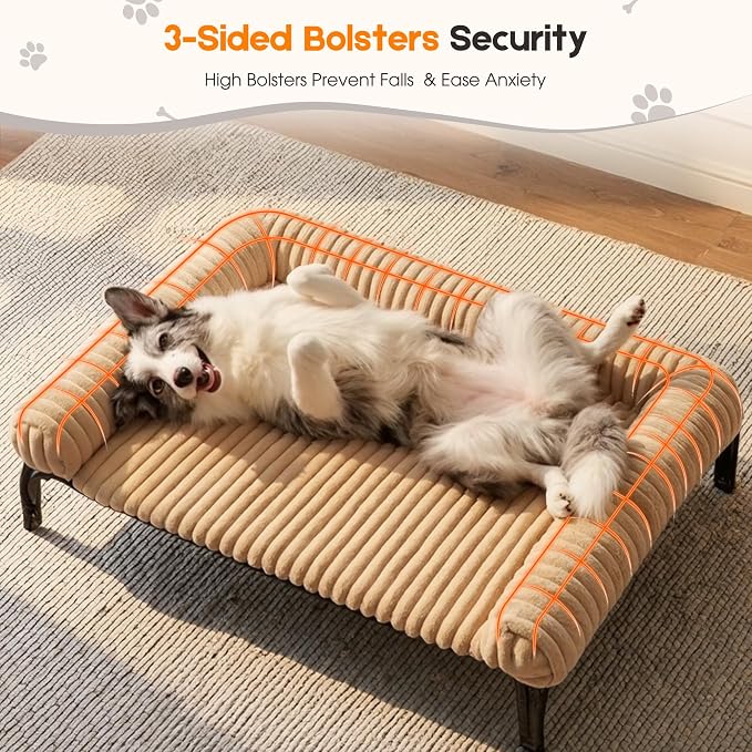 Elevated Dog Bed with Removable Fluffy Pillow Cushion, Raised Pet Cot Washable Bolster, Dog Couch Sofa, Anti Slip Feet, Breathable Mesh, Khaki, 49"×36"