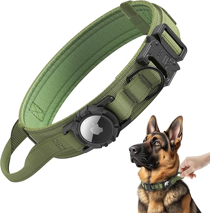 Tactical AirTag Dog Collar - Heavy Duty, Adjustable GPS Collar Compatible with Apple AirTag, with Holder & Control Handle for Medium/Large Dogs [ Green, XL ]