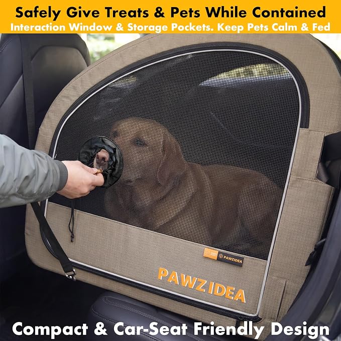 PAWZIDEA Portable Dog Crate for Car Travel, Medium & Large Dogs Up to 80lbs | Enclosed Soft-Sided Dog Car Kennel for Backseat, Secures w/ Seatbelt & Headrest Strap, Collapsible Car Carrier, Chew-Proof